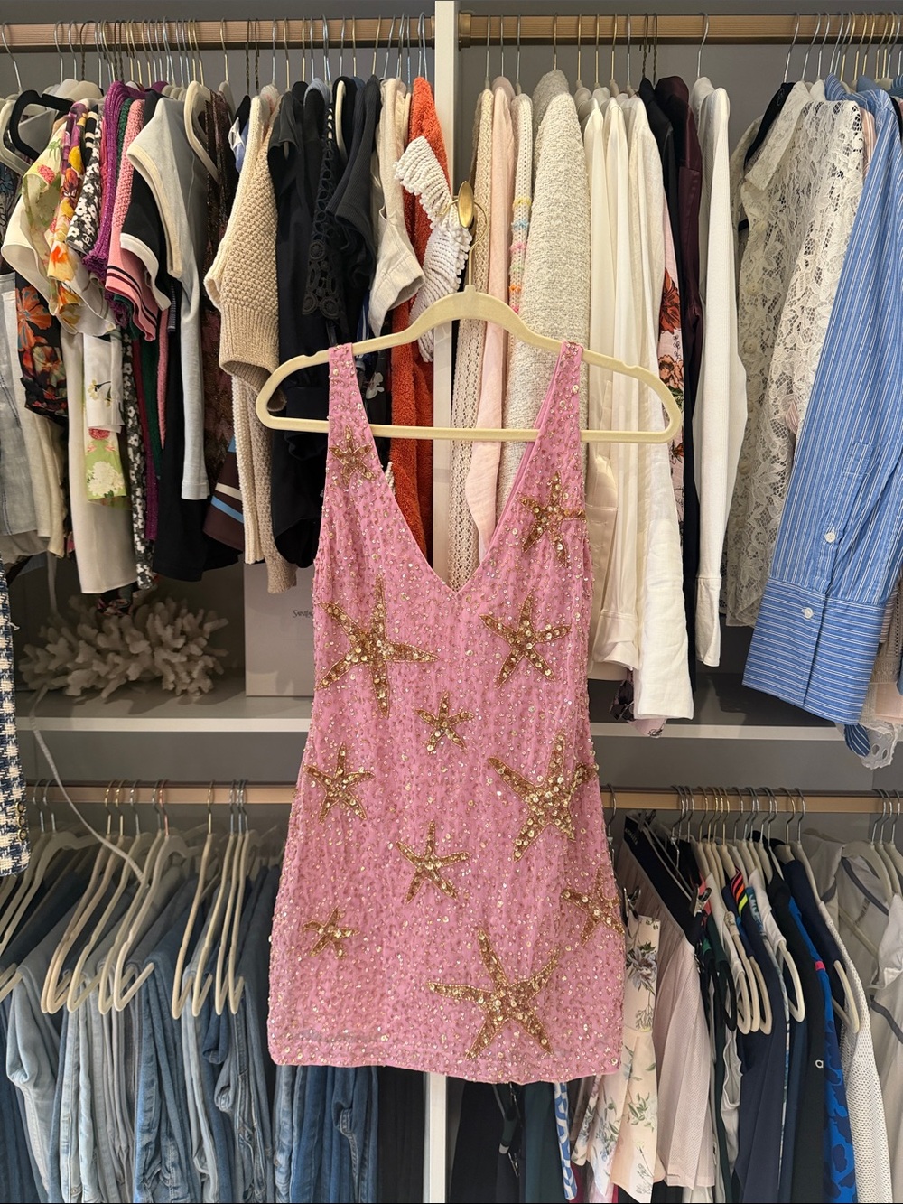 RIXO Pink Sequin Starfish Embellished Mini Dress